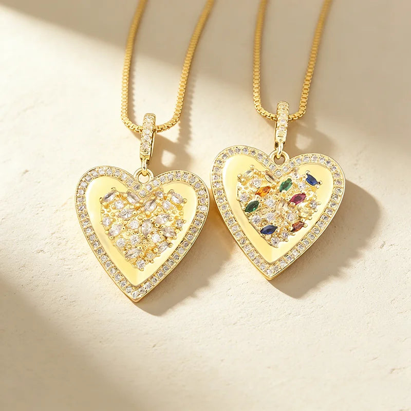QIKU Romantic Heart Shape Rhinestone Pendant Women Necklace Copper Zircon 18K Gold Plated Jewelry Accessory Birthday Gift