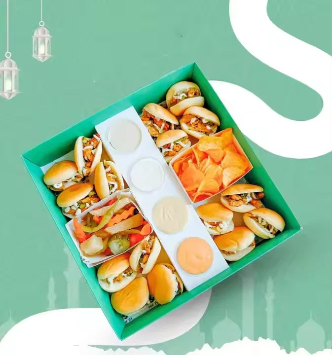Eco Friendly Customized Burger Donuts Base and Lid Box Sushi Cake Pastry Bakery Cookies Brownie Paper Packing Box with Sauce Dip MegaBDM