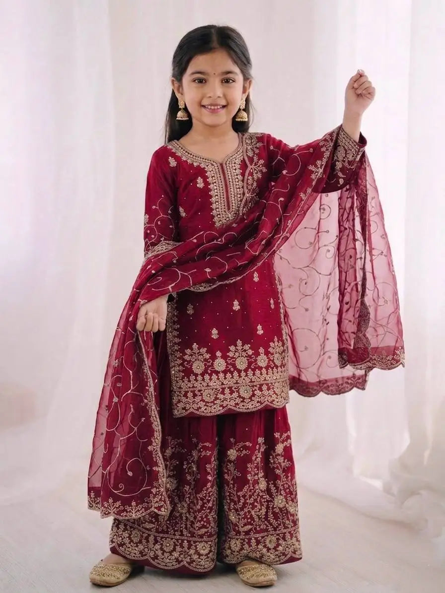 Girls Premium Silk Embroidery Kurta Set with Palazzo & Dupatta | Ready to Wear Ethnic Clothing MegaBDM