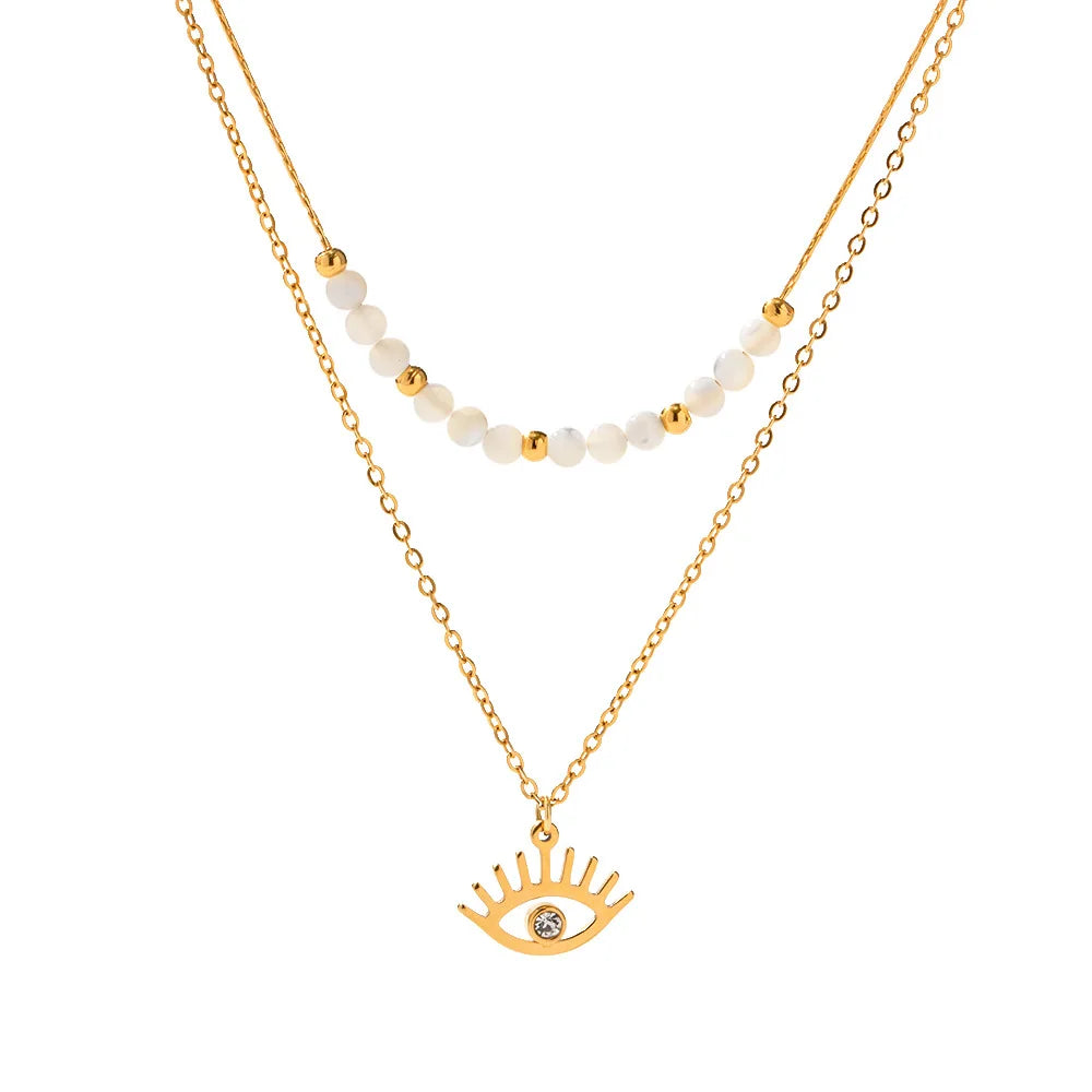 Hot Selling Devil's Eye Zircon Double Layers Pendant Necklace Rhodium Plated Stainless Steel Pearl Jewelry Gift Party 2023 New