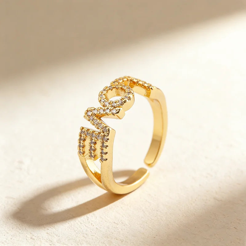 QIKU Exquisite Letter LOVE Adjustable Opening Rings Gold Color Copper Zircon Women Wedding Engagement Jewelry Party Girl Gift
