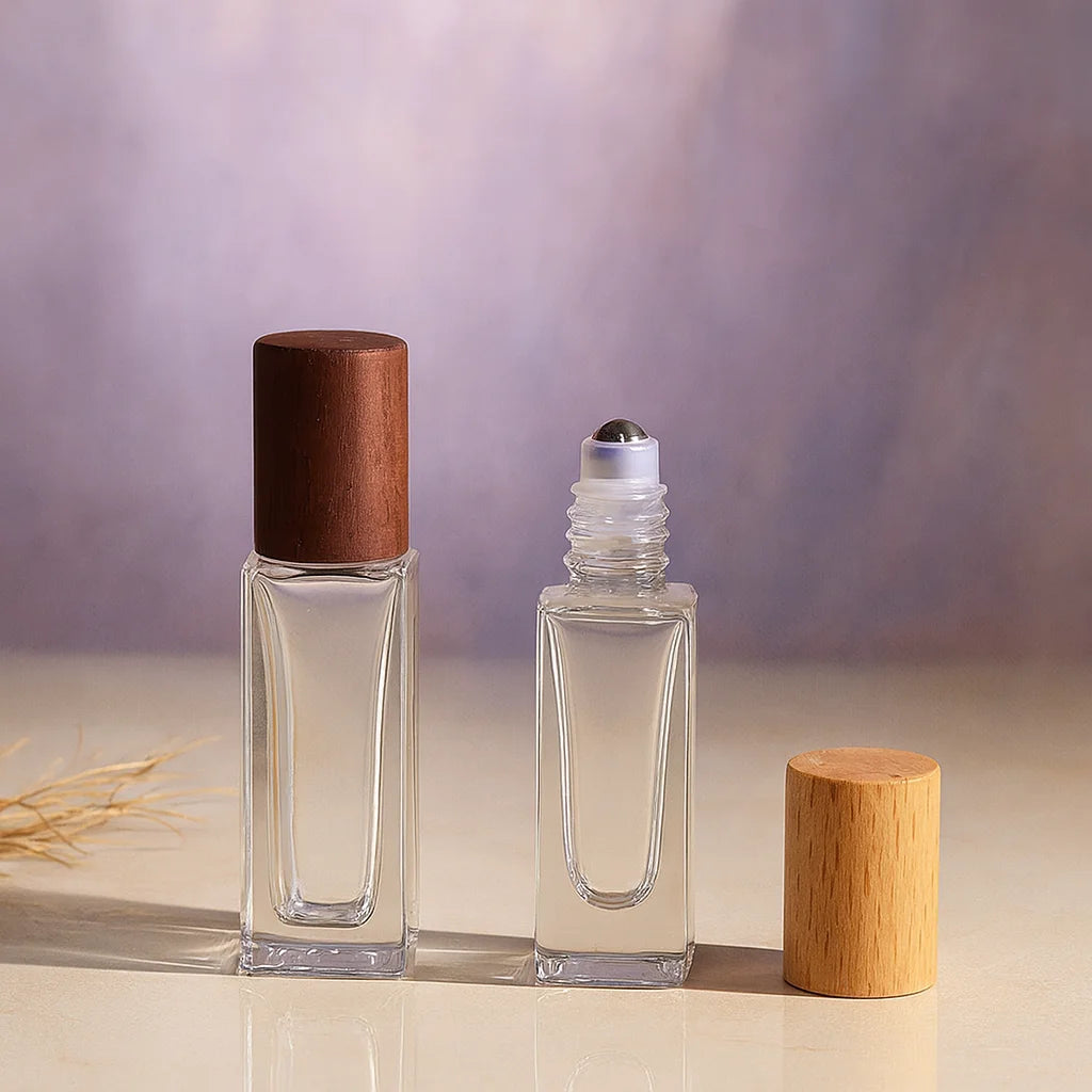 3ml 5ml 10ml 15ml Square Essential Oil Glass Roll on Bottle Perfume Glass Roller Bottle with Bamboo Cap in Stock MegaBDM