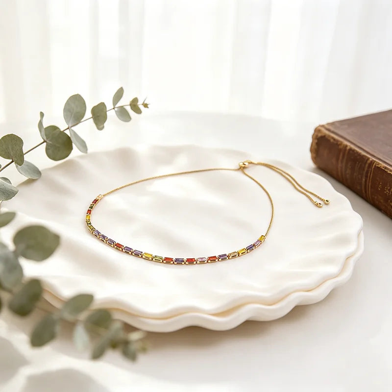 QIKU Bohemia 7 Colors Rhinestone Size 35-60cm Gold Plated Pendant Chain Women Necklace Copper Zircon Luxury Engagement Jewelry