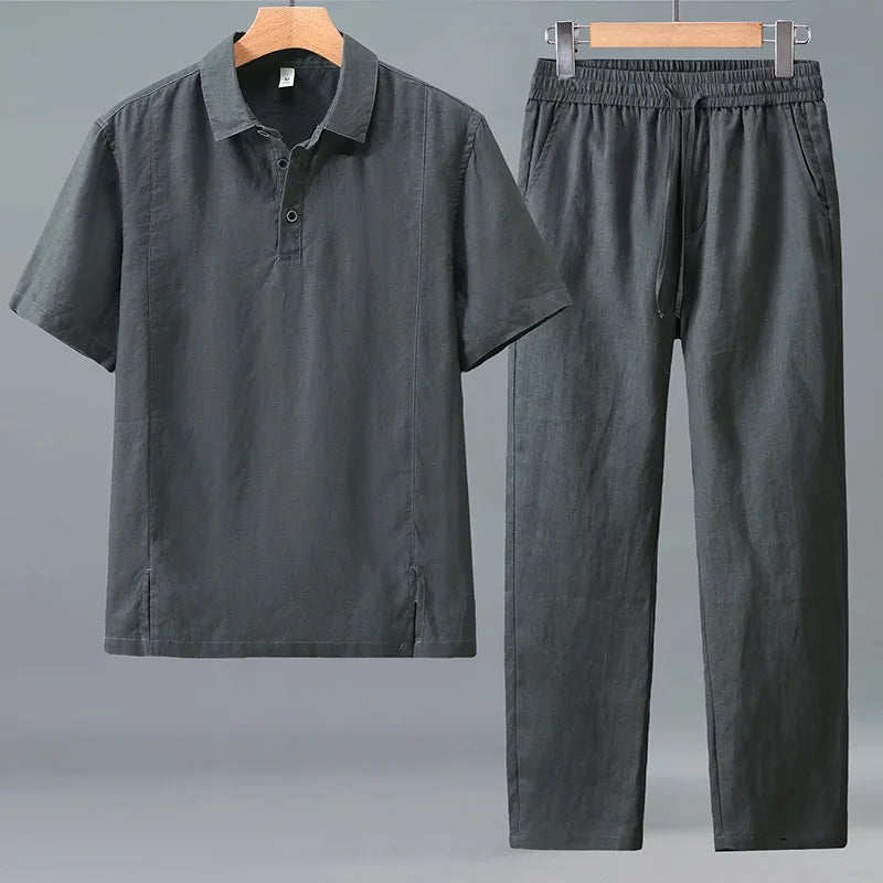Bangladesh China Factory Price Mens Cotton Linen Two Piece Set Short Sleeve Shirt Casual Pants Summer Loose Fit Breathable MegaBDM