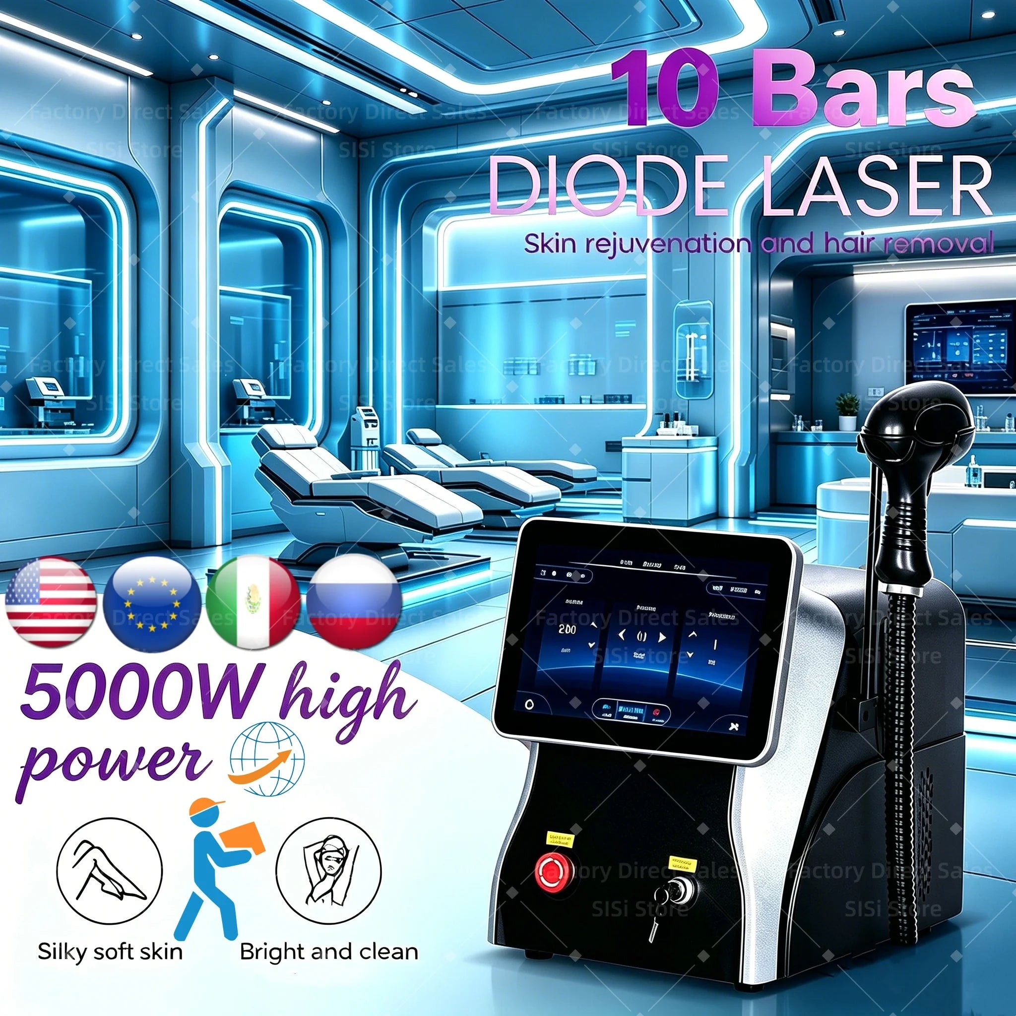 Diode Laser Hair Removal Machine 5000W Laser Diode Permanent Painless Ice Platinum Depilator 3-Wavelength 755 808 1064nm
