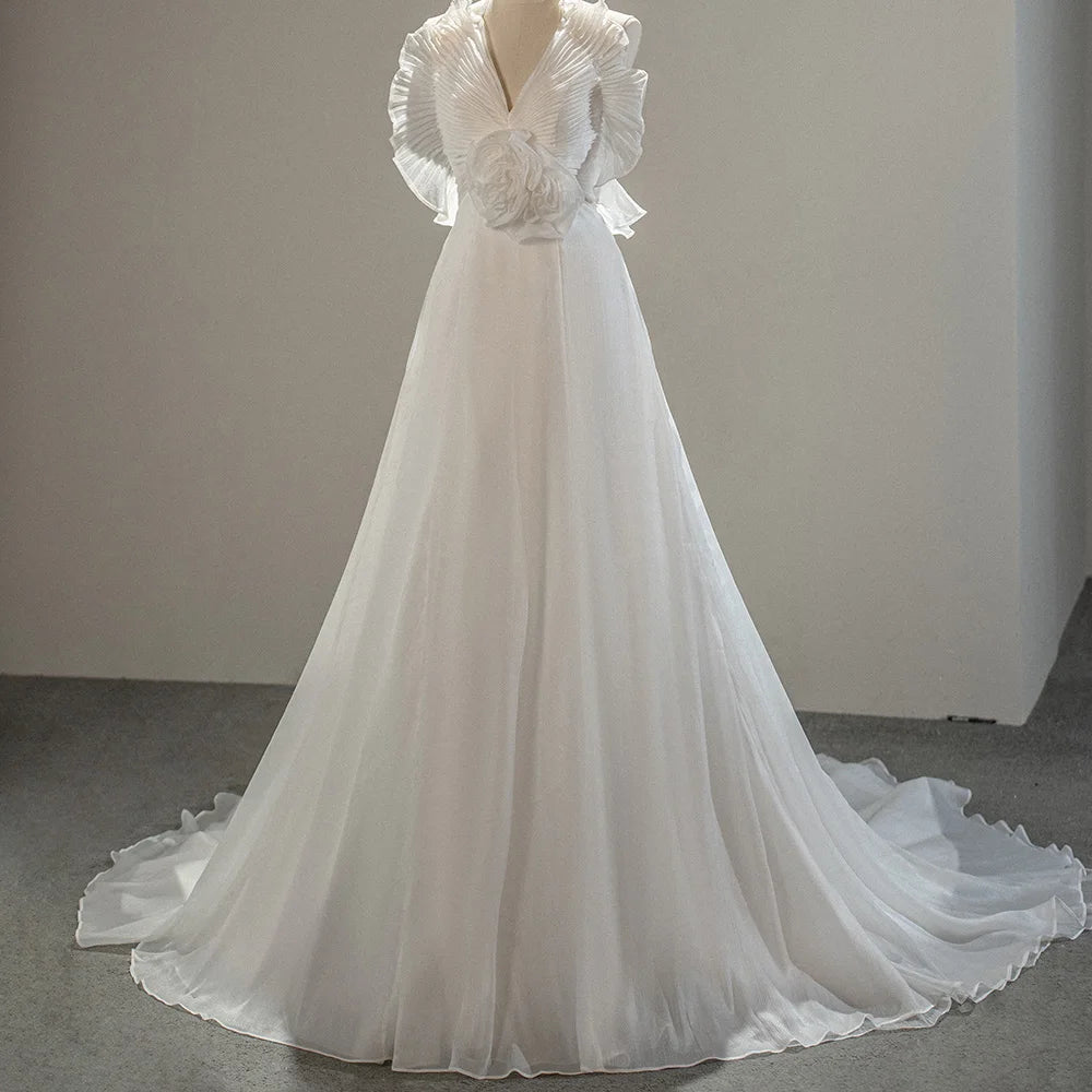 Jancember SFY220 Boho Ruched Flower Backless Wedding A-line Bridal Dresses MegaBDM