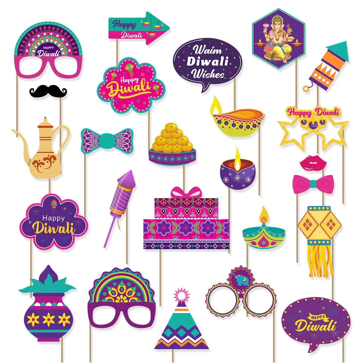 Indian Diwali Party Decoration Photo Booth Props Happy Diwali Festival Party Handheld Props for Celebrations Bulk Wholesale MegaBDM
