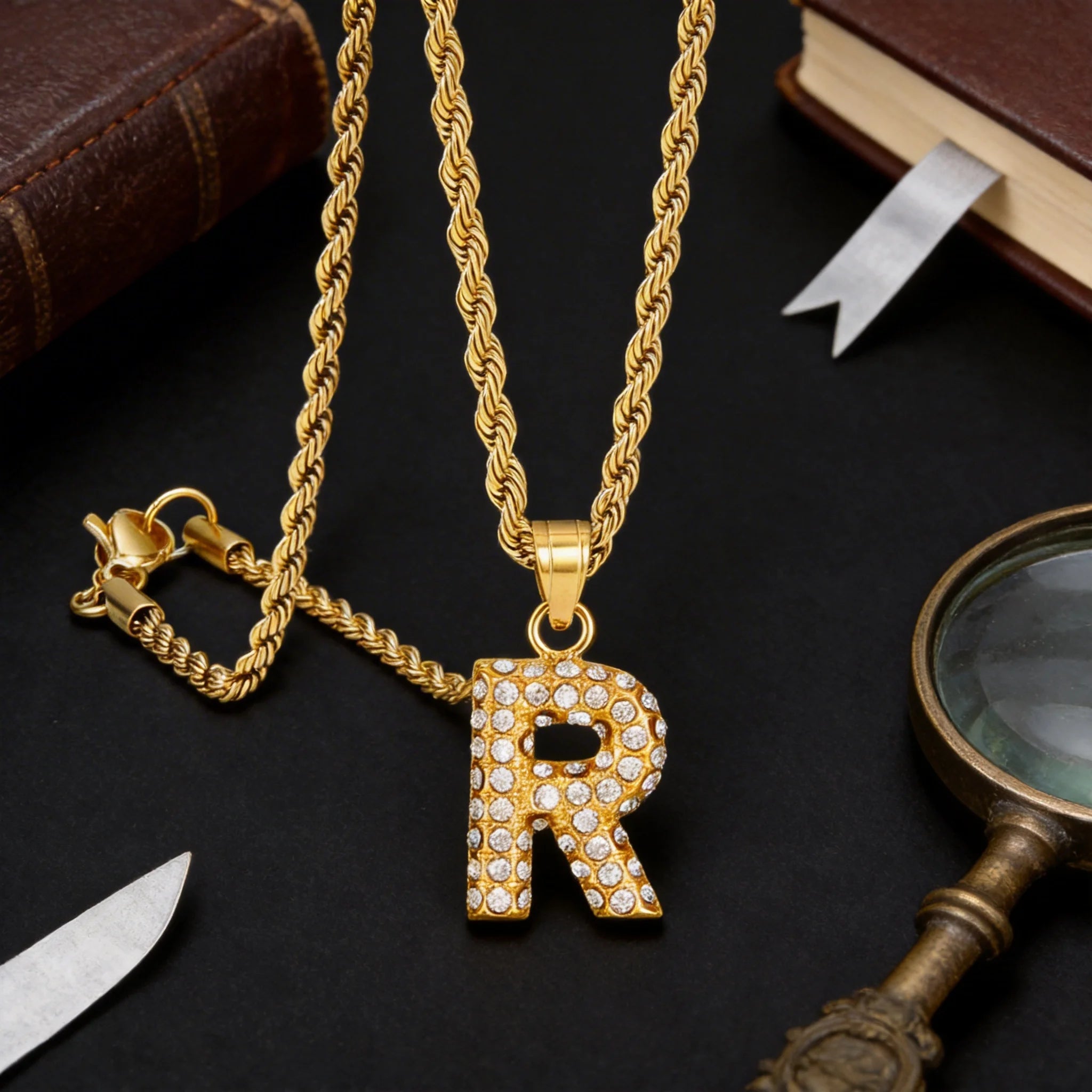 DUOYING 18K Gold Plated Stainless Steel Initial Letter Zircon Pendant Necklace for Women