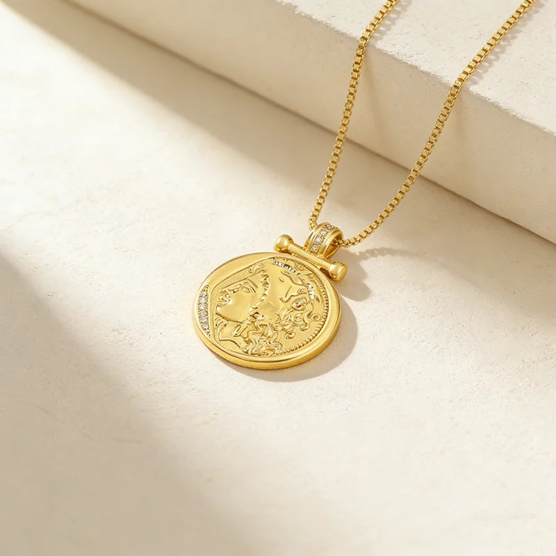 QIKU Roman Figure Relief Coin Pendant Women Copper Gold Color Necklace Jewelry Accessories Vintage Gift Wholesale Dropshipping
