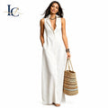 Elegant White Womens Sleeveless Shirt Maxi Dress Button Down Turn Collar Regular Casual Beach Vacation Solid Slits Wholesale MegaBDM