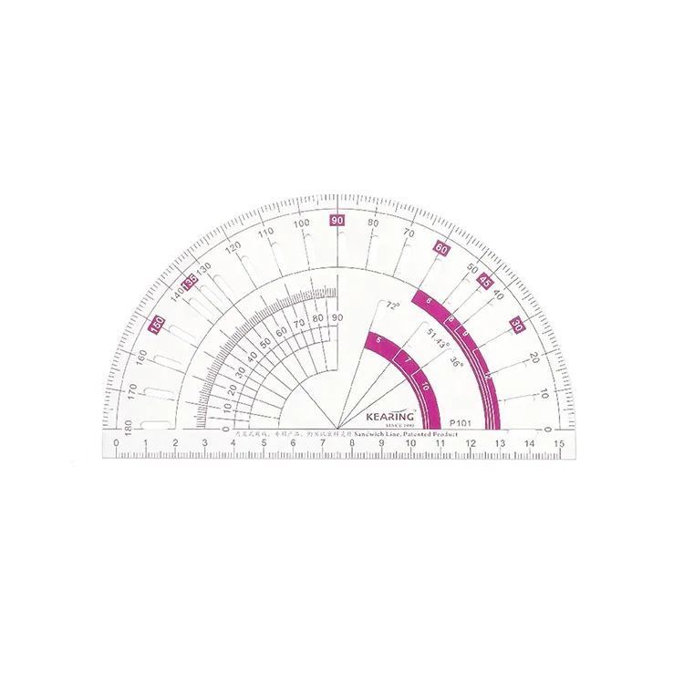 Kearing Transparent Flexible Plastic Semi Circle Protractor 15cm Diameter Pocket Size Sandwich Printed Measure Size Degree #P101