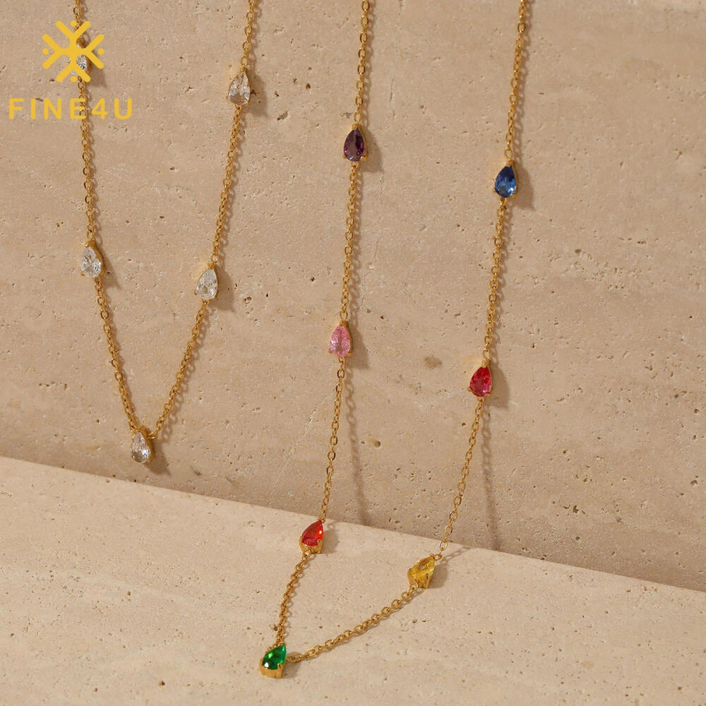 Bohemia Boho Colorful WaterDrop Zircon Tassel Pendant Y-Shaped Necklace for Women Stainless Steel Necklace Jewelry Party Gift