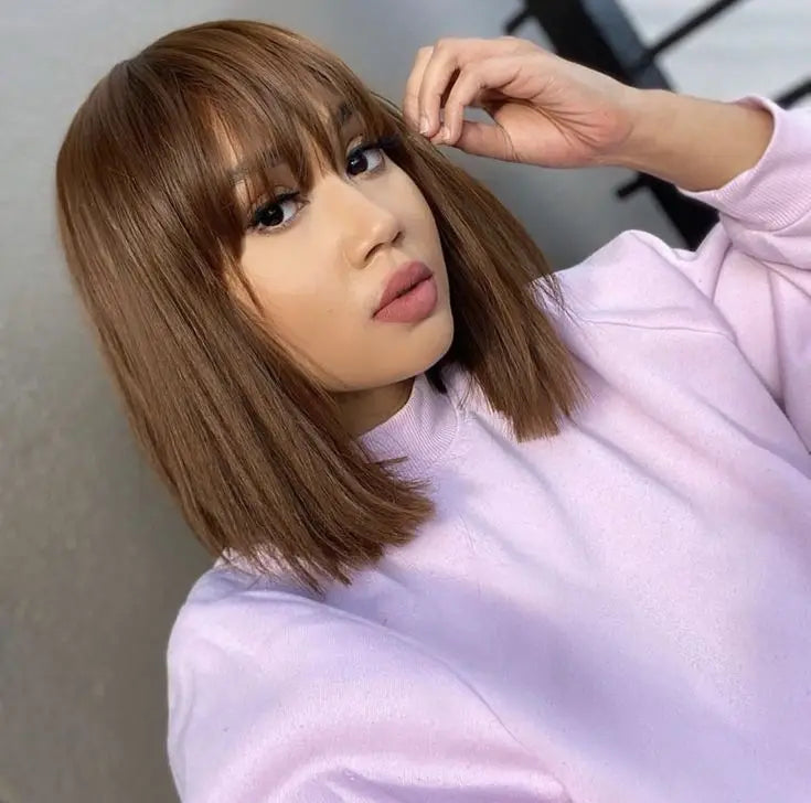with Bangs Wig Brown 3*1 Lace Short bob Wig with Bangs Straight Human Hair bob Wig Human Hair 250% Density Straight Bang bob Wig MegaBDM