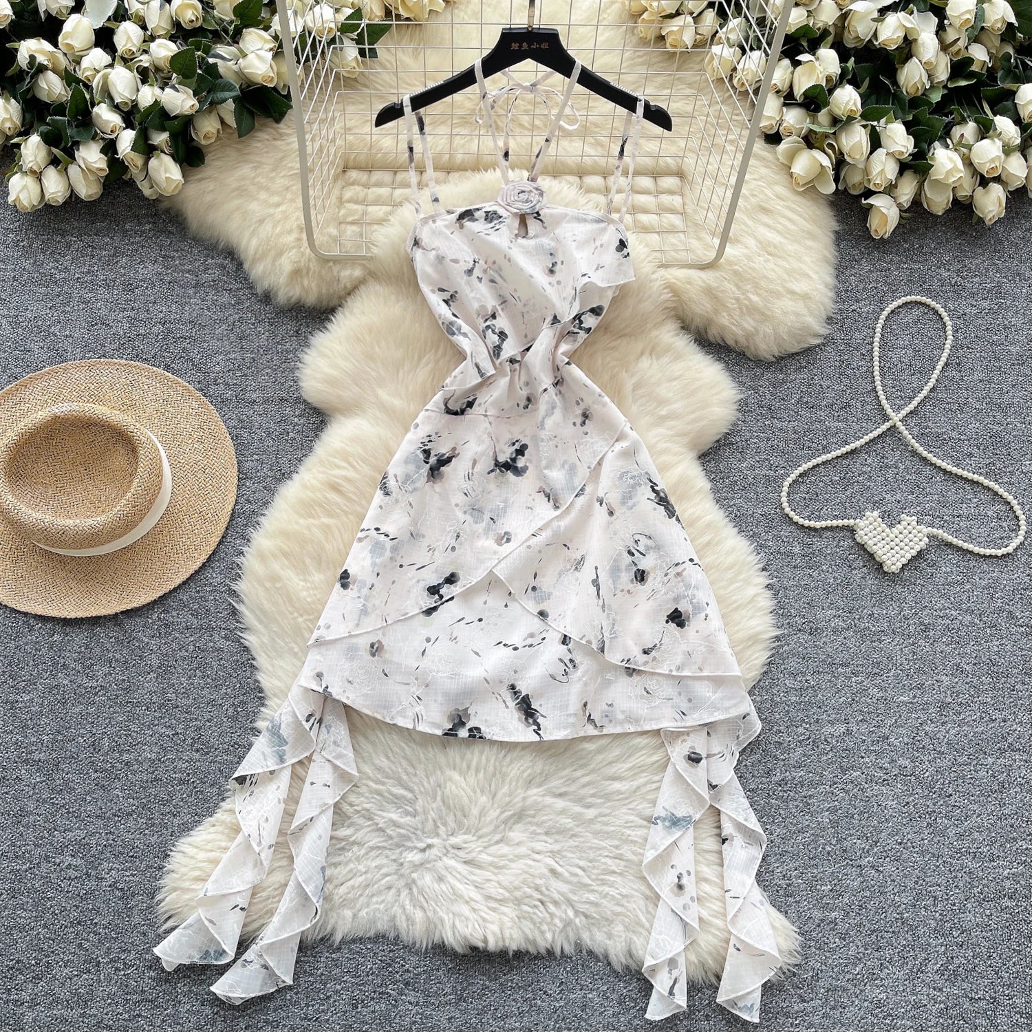 2025 Summer Y2K Halter Asymmetric Tunic Casual Midi Dress For Women Empire 3D Floral Lace Dress