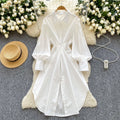 Spring Elegant Polo Collar Shirt Midi Dress For Women Lantern Sleeve Empire Solid Shift Lace Dress