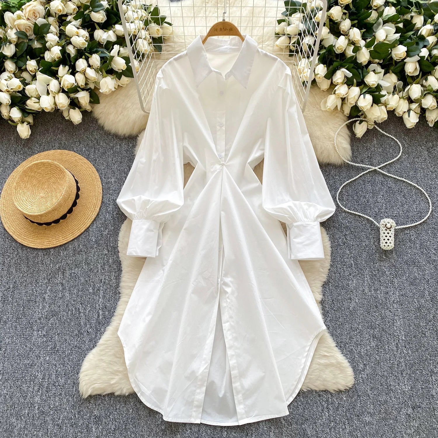 Spring Elegant Polo Collar Shirt Midi Dress For Women Lantern Sleeve Empire Solid Shift Lace Dress