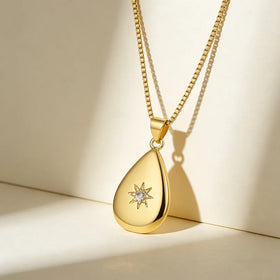 QIKU Minimalist Water Droplet Shape Star Pattern Pendant Women Necklace Gold Color Copper Zircon Jewelry Accessories Unisex Gift