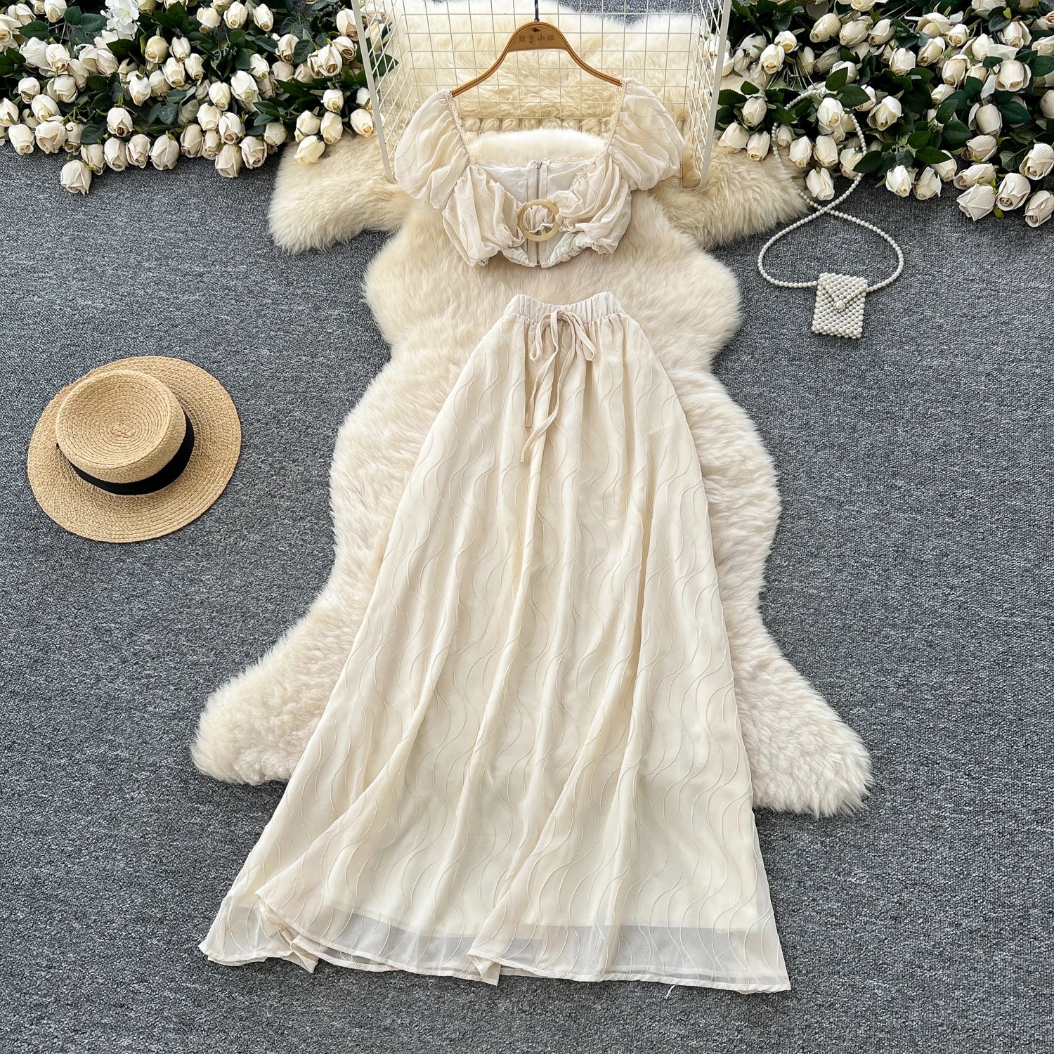 Y2K 2 Piece Set for Women Puff Sleeve Crop Top And High Waist Slim Pleated Skirts Set Ropa Wholesale
