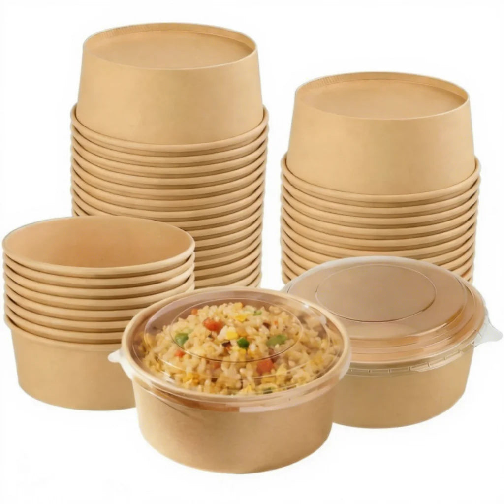 Eco-Friendly Biodegradable Food Grade Craft Paper Salad Bowls 750ml 1000ml 1500ml with Stamped and Embossed Lid