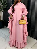 Plus Size Pink Kaftan Maxi Dress Women Elegant Ruffle Hem Loose African Party Long Dress Custom MegaBDM