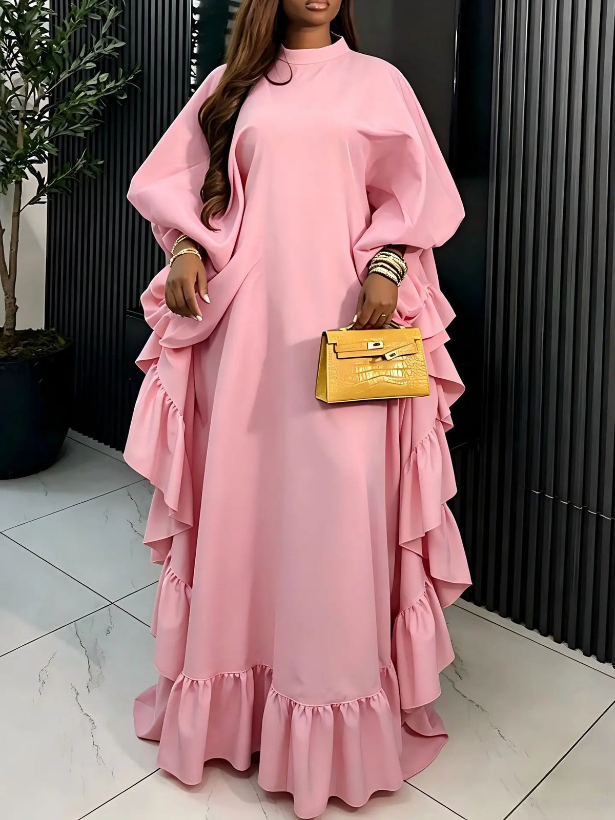 Plus Size Pink Kaftan Maxi Dress Women Elegant Ruffle Hem Loose African Party Long Dress Custom MegaBDM