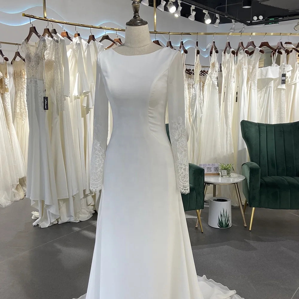 Jancember LSSG016 Elegant Muslim Satin Long Sleeve Mermaid Wedding Dresses