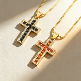QIKU Cross Shape 6 Colors Rhinestone Pendant Necklace Copper Zircon Chain Choker Religious Pray Jewelry Women Gift Dropshipping