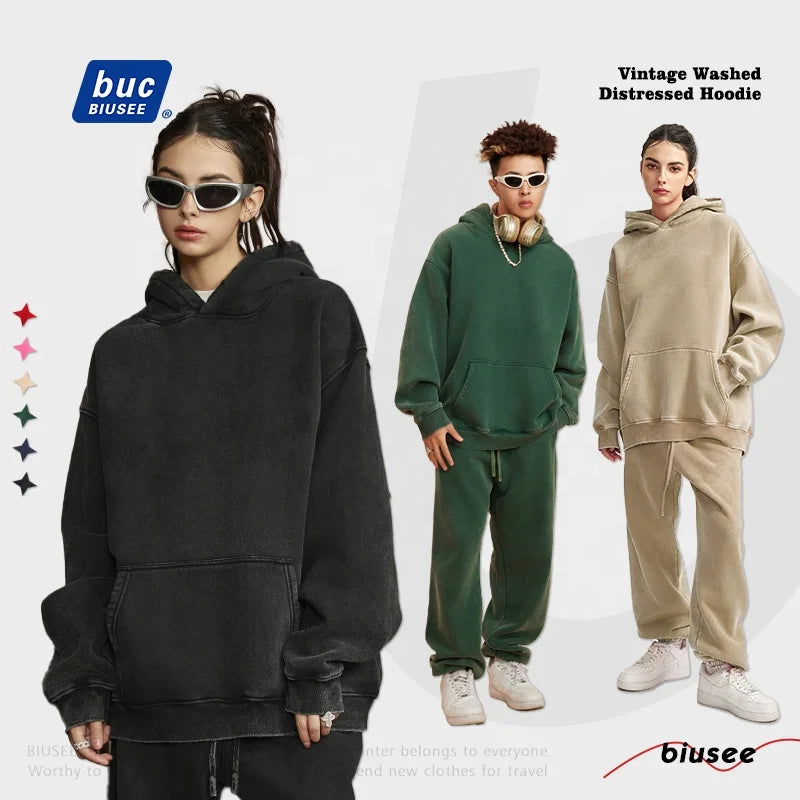 Hoodies Wholesale High Quality Heavy Weight Hot Sales Blank Customization Men's Acid Wash Fleece-lined Hoodie
