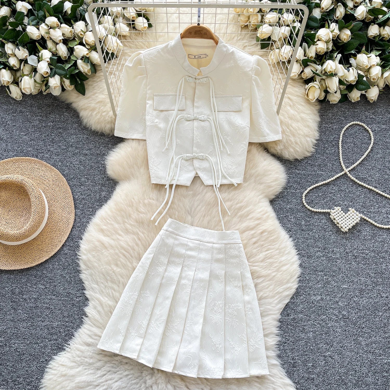 Summer Women's Vintage Sets Puff Sleeve Top And High Waist Skirts Set Clothing Wholesale