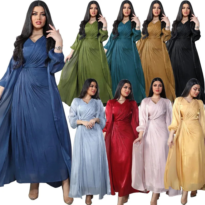 Long Sleeve Pleated Modern Girls Abaya Traditional Muslim Clothing Accessories Dubai Abaya Muslim Prayer Dress 2 Piece Set