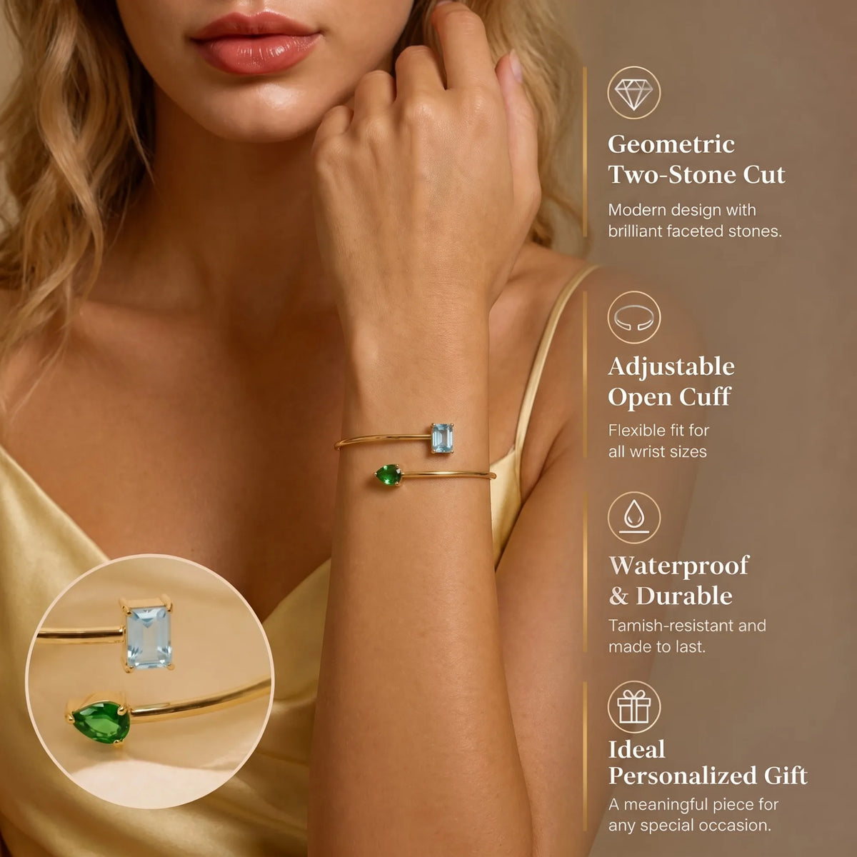 Two Stone Bracelet Toi Et Moi Bangle Adjustable Open Cuff Gold Plated Waterproof Emerald Pear Cut Jewelry Gift for Her MegaBDM
