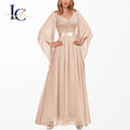 Elegant Womens Chiffon Floor-Length Ball Gown V Neck 3/4 Sleeve Summer Natural Formal Evening Gown Beaded Lace Bodice Wedding MegaBDM