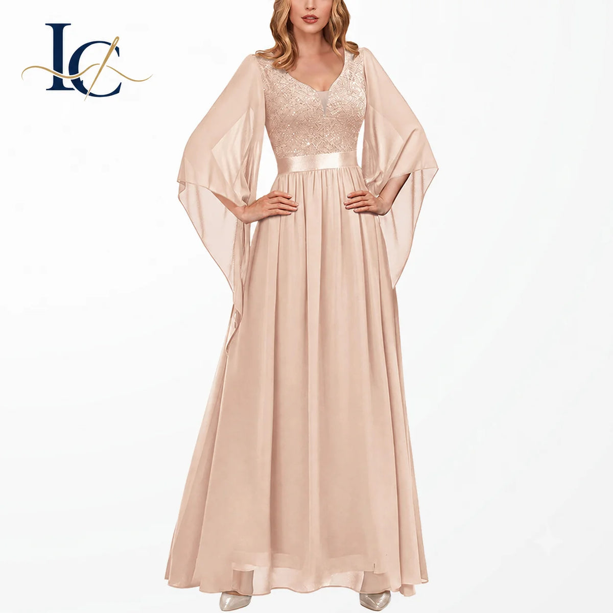 Elegant Womens Chiffon Floor-Length Ball Gown V Neck 3/4 Sleeve Summer Natural Formal Evening Gown Beaded Lace Bodice Wedding MegaBDM