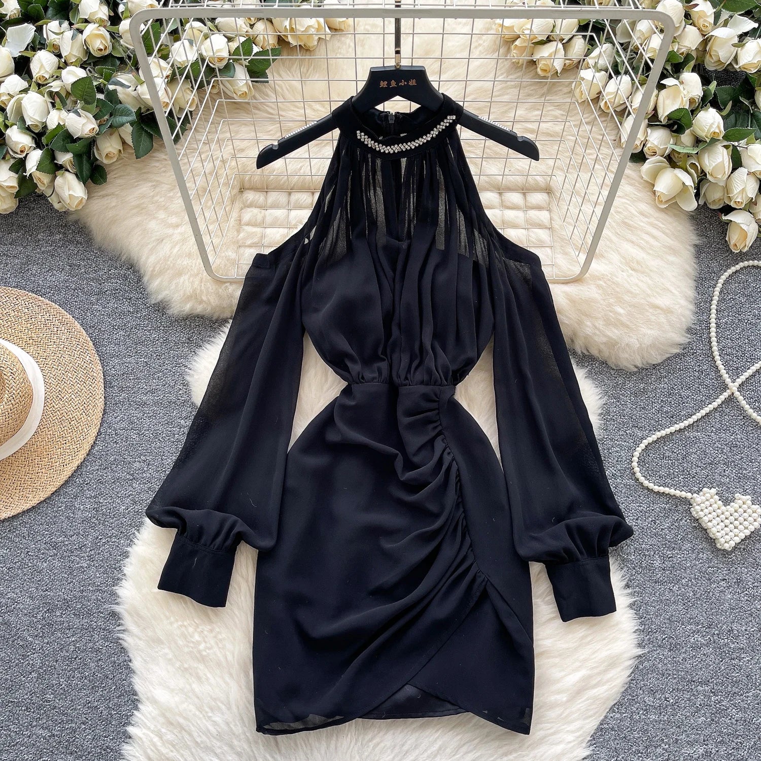 Spring Roman Halter Slit Tunic Hip Midi Dress For Women Empire Diamonds Lace Dress