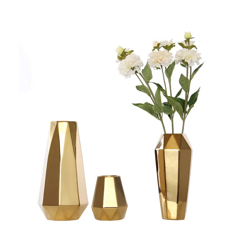 Simple Nordic Style Electroplating Gold Geometric Abstract Ceramic Vase Designer Model Room Decoration