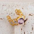 Luxury Vintage Gold Plated Open Ring with Purple Rhinestone - Stunning Statement Copper Alloy Jewelry MegaBDM