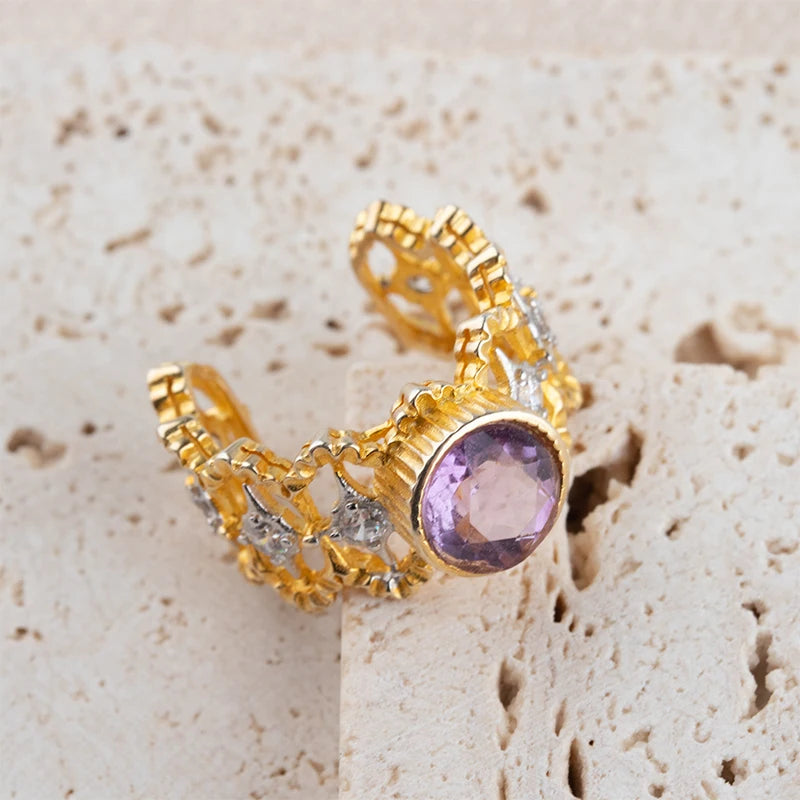 Luxury Vintage Gold Plated Open Ring with Purple Rhinestone - Stunning Statement Copper Alloy Jewelry MegaBDM