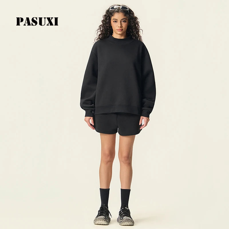 PASUXI Women's Casual Hoodie and Shorts Set 2 Piece Loose Solid Long Sleeve Pullover Sweatshirt Tracksuit Loungewear