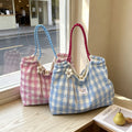 Fresh Plaid Canvas Bag Women Large Capacity Tote Bag Gentle Style Student Class Commute Shoulder Cloth Bag Casual MegaBDM