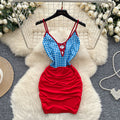 Summer Y2K V-Neck Sheath Slim Hip Midi Dress For Women Empire Contrast Color Lace Dress