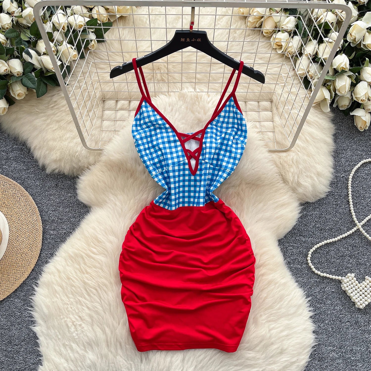 Summer Y2K V-Neck Sheath Slim Hip Midi Dress For Women Empire Contrast Color Lace Dress