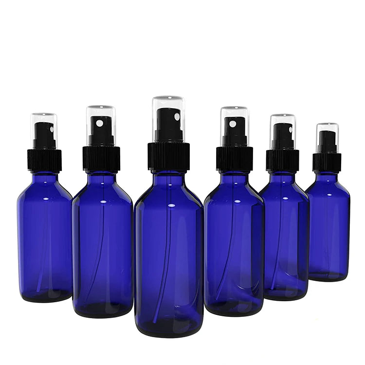 30ml 100ml Blue Glass Spray Bottle Essential Oil Glass Airless Pump Perfume Hair Oil Mist Spray Bottle Custom Logo Packaging Box