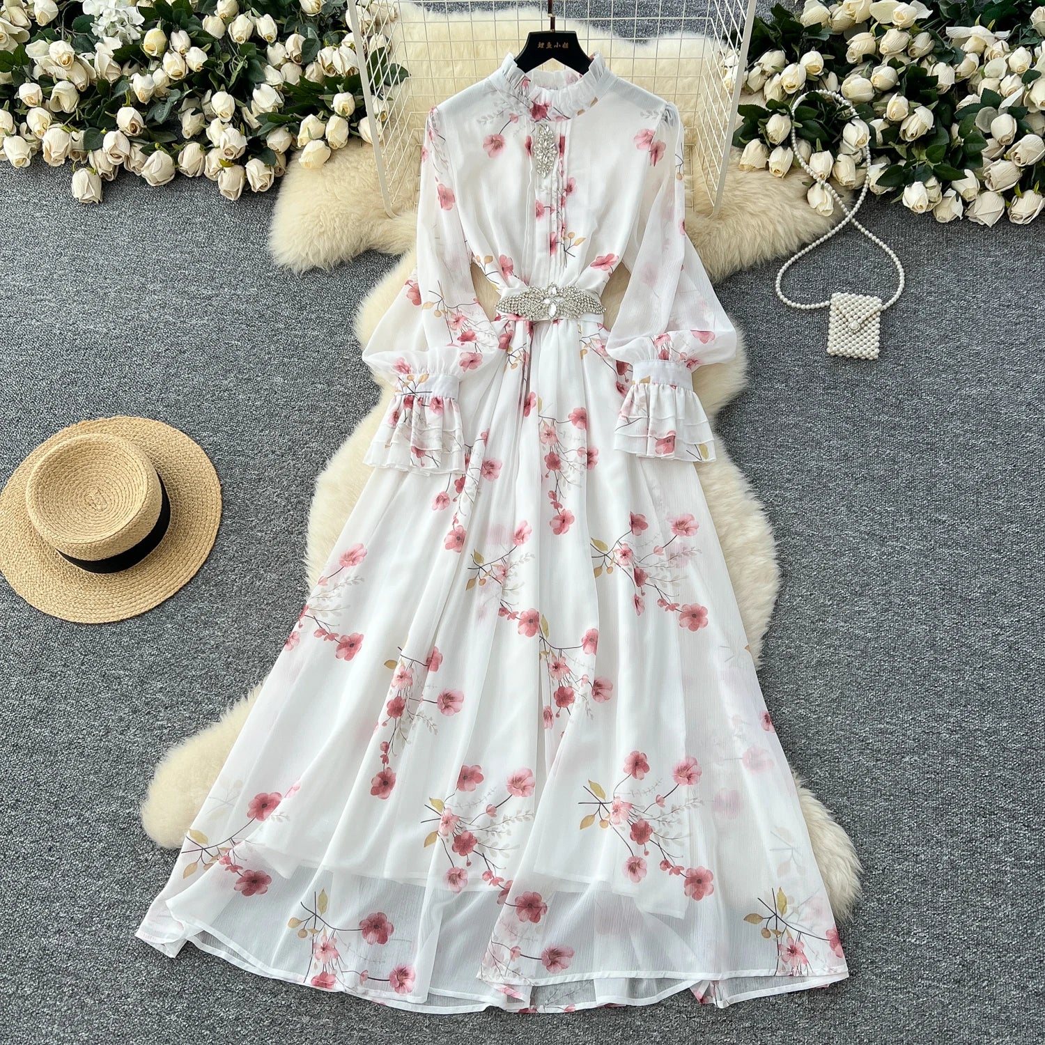Plus Size 2025 Spring Roman Tunic Slim Casual Midi Dress For Women Empire Printed Diamonds Lace Dress