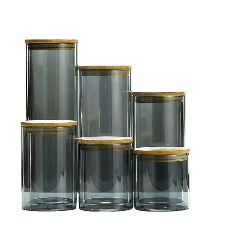 Grey High Borosilicate Round Handmade Glass Storage Container Jar with Bamboo Lid for Home Use Tea Food Spices Herbs Candles MegaBDM