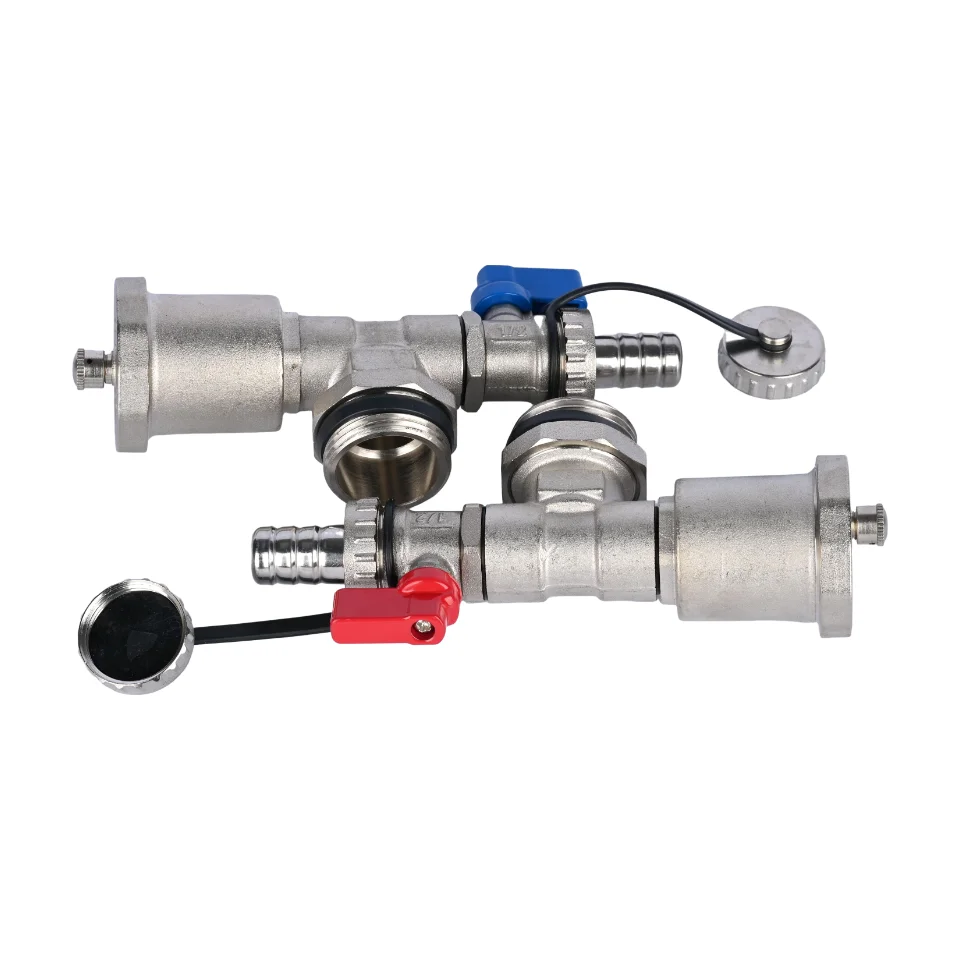 HANDING H4003 Series Radiant Floor Manifold Clear Hot/Cold Identification Nickel Plated Brass End Valve Pair Air Vent Control