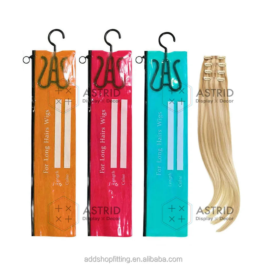 Astrid 14 X 60 cm Transparent Plastic Clear PVC Zipper Dipslay Wig Bag Hook Hair Extensions hanger