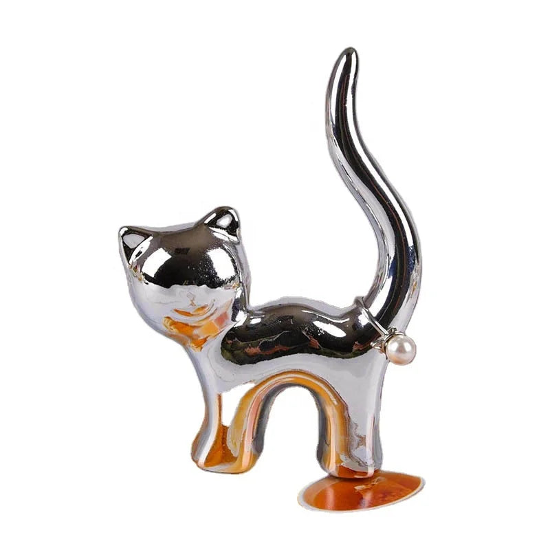 Silver/Gold Animal Cat Ceramic Simple Modern Jewelry Display Ring Holder for Home Decoration