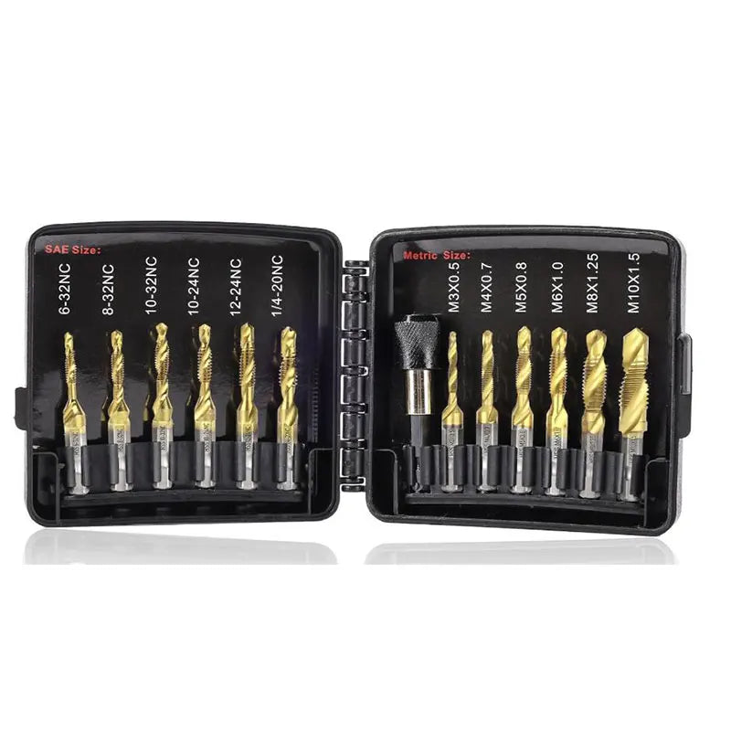 13pcs HSS SAE 6-32NC to 1/4-20NC and Metric M3 to M10 3 in 1 Combination Drilling Tapping Countersinking Bit Hand Tool Set MegaBDM