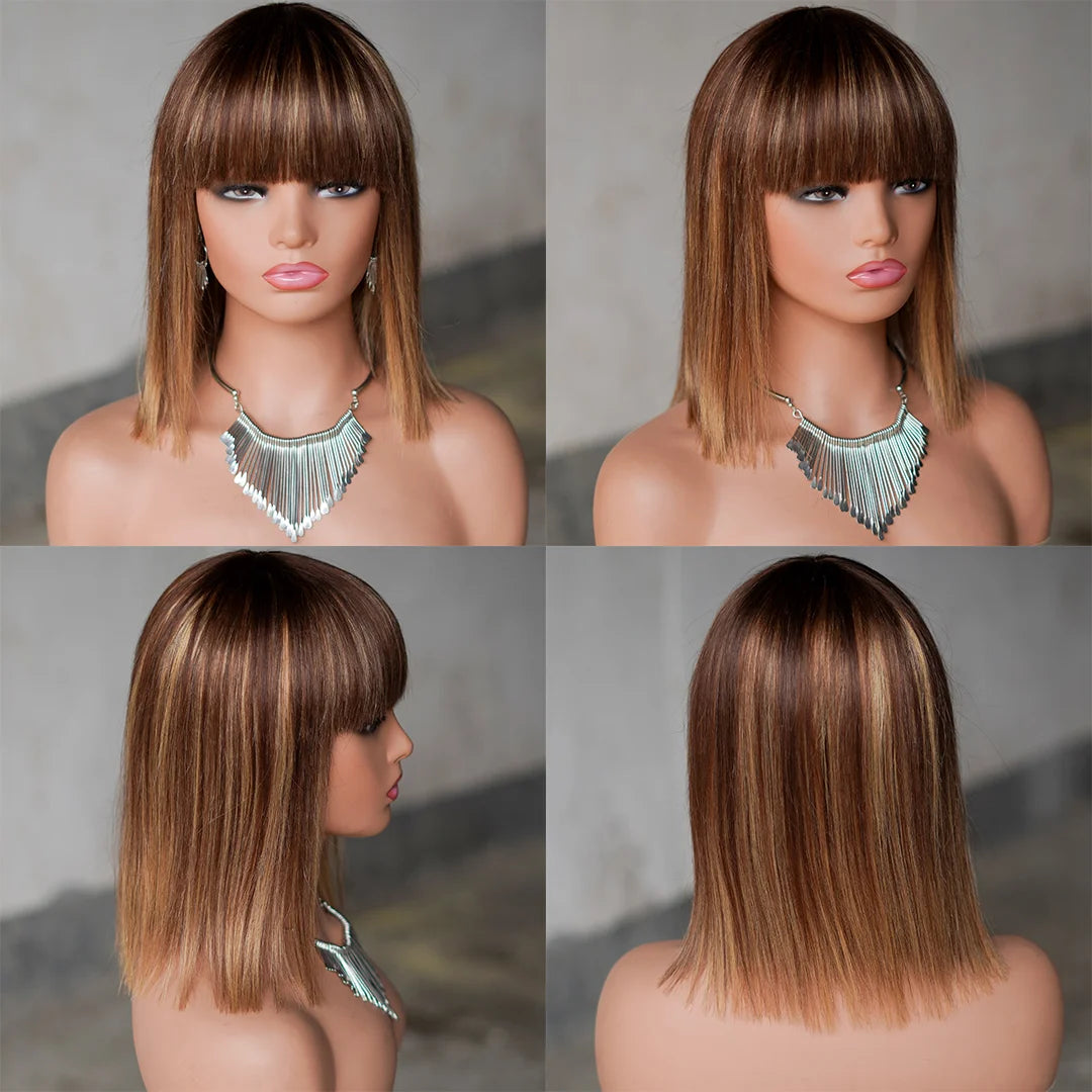 None Lace Wig for Black Women Wholesale Bone Straight Brazilian Double Drawn Bob Wigs 100% Virgin Remy Bangs 180% Density Cheap