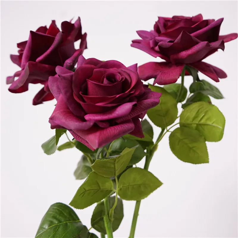 Real Touch Burgundy Rose Artificial Flower Single Stem Moist Feeling Big Rose Korean Ins Floral Photography Props Bridal Bouquet MegaBDM